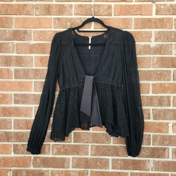 Free People Black Long Sleeve Flowy Low Cut Lace Top w/Bow - Picture 13 of 14